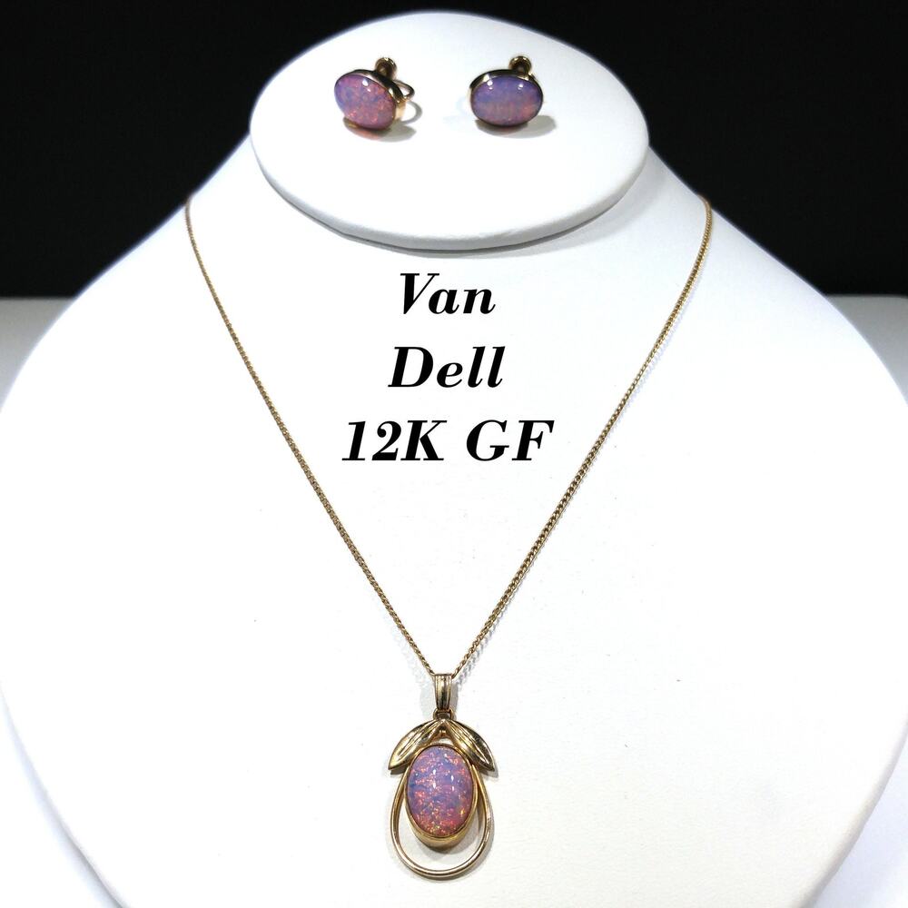 Van Dell Faux Opal Necklace Screw Back Earrings Set, 12K Gold Filled, 1950s